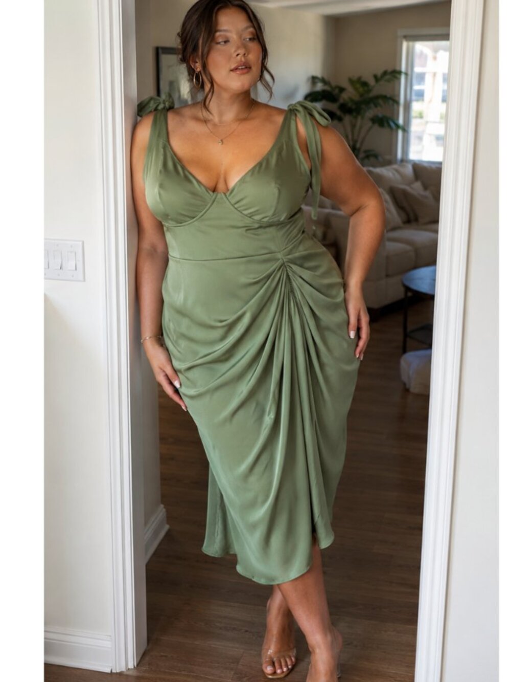 Pretty Little Thing Sz 20 Dress Sage Green wire cups Ruched Lined Wedding Party